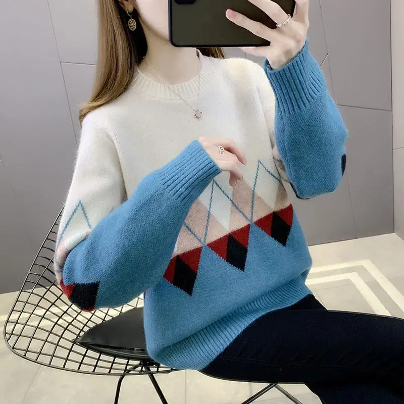 Women's Autumn and Winter New Pullover Retro Jacquard Contrast Lozenge Stitching Sweater Thicken and Keep Warm Comfortable Top