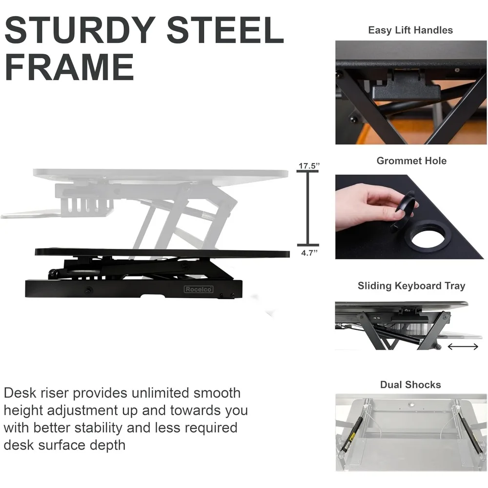 Height Adjustable Desk Converter with Slide-Out Keyboard Tray for Triple Monitor Setup and Standing Desk Use