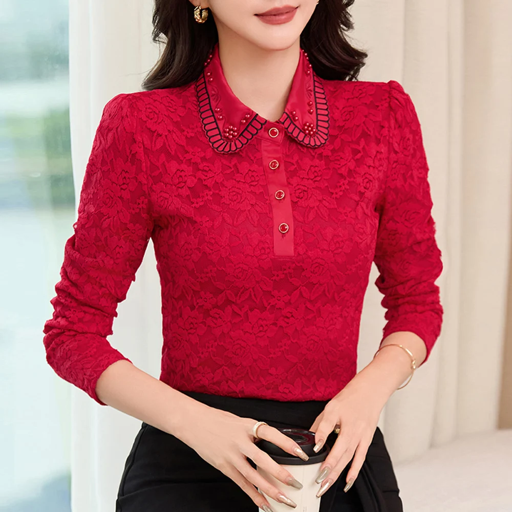 

Korean style wine red long sleeved shirt for women's autumn and winter new high-end fashion plus size slim fit lapel casual top