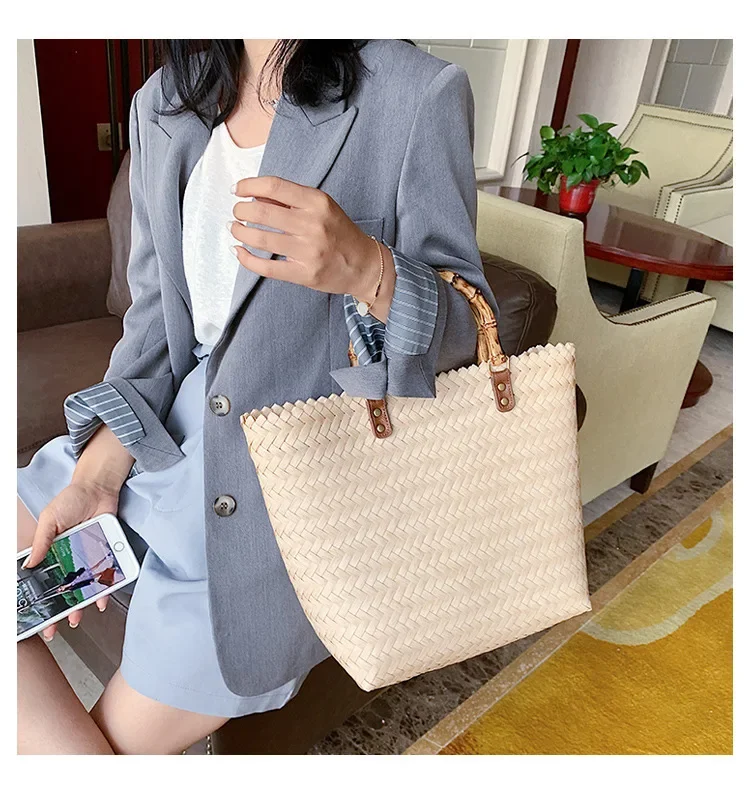 Straw Bag 2021 New Retro Large Capacity Vegetable Basket Woven Bag Handbag Bamboo Knot Portable Beach Bag Totes Bolsa De Playa