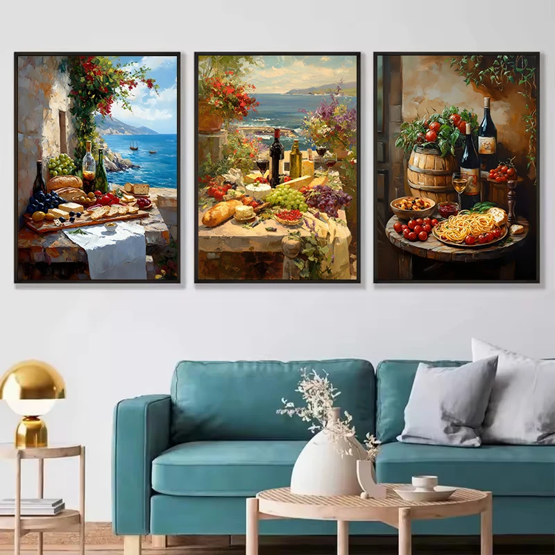 Italy Travel Kitchen Food Lemons and Wine in Italian Coastal Village Poster Wall Pictures Canvas Painting Home Interior Decor