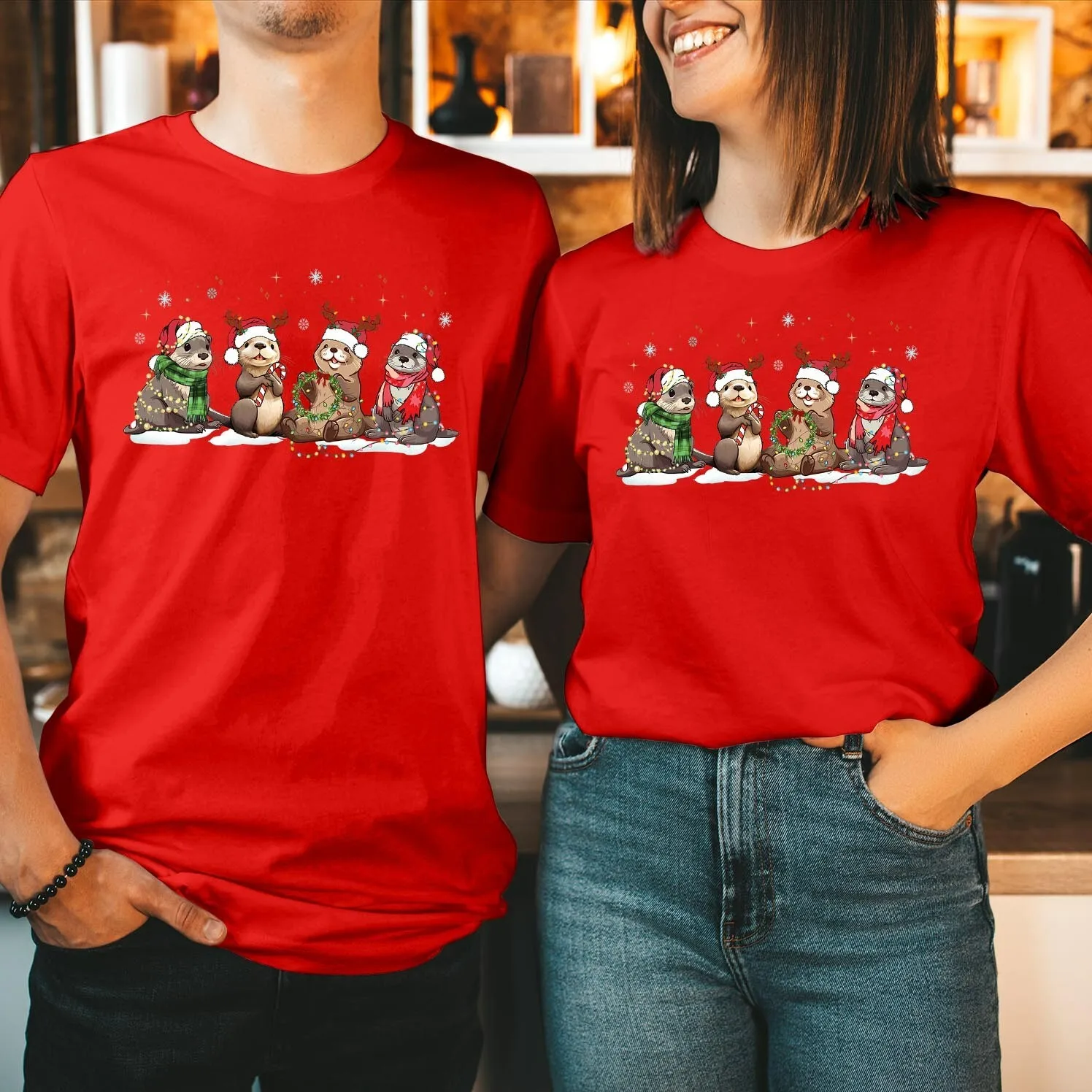 عيد ميلاد سعيد ثعالب الماء تي شيرت قضاعة عاشق البحر الحيوان عيد الميلاد عطلة القطن ريترو الشارع موضة تي شيرت قصير الأكمام تصميم س الرقبة