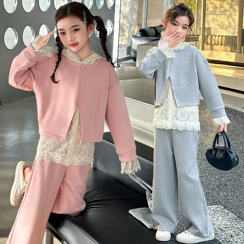 

Children Girls Autumn 3pcs Sets Lace Hooded T-shirt+Round Neck Sweatshirt+Elastic Waist Straight-leg Pants 4-14Y Girls Outfit
