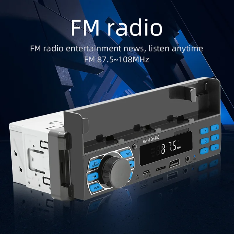 Car Radio Bluetooth 1 Din MP3 Player Handsfree A2DP Type C USB TF AUX Phone Holder Audio System Head Unit