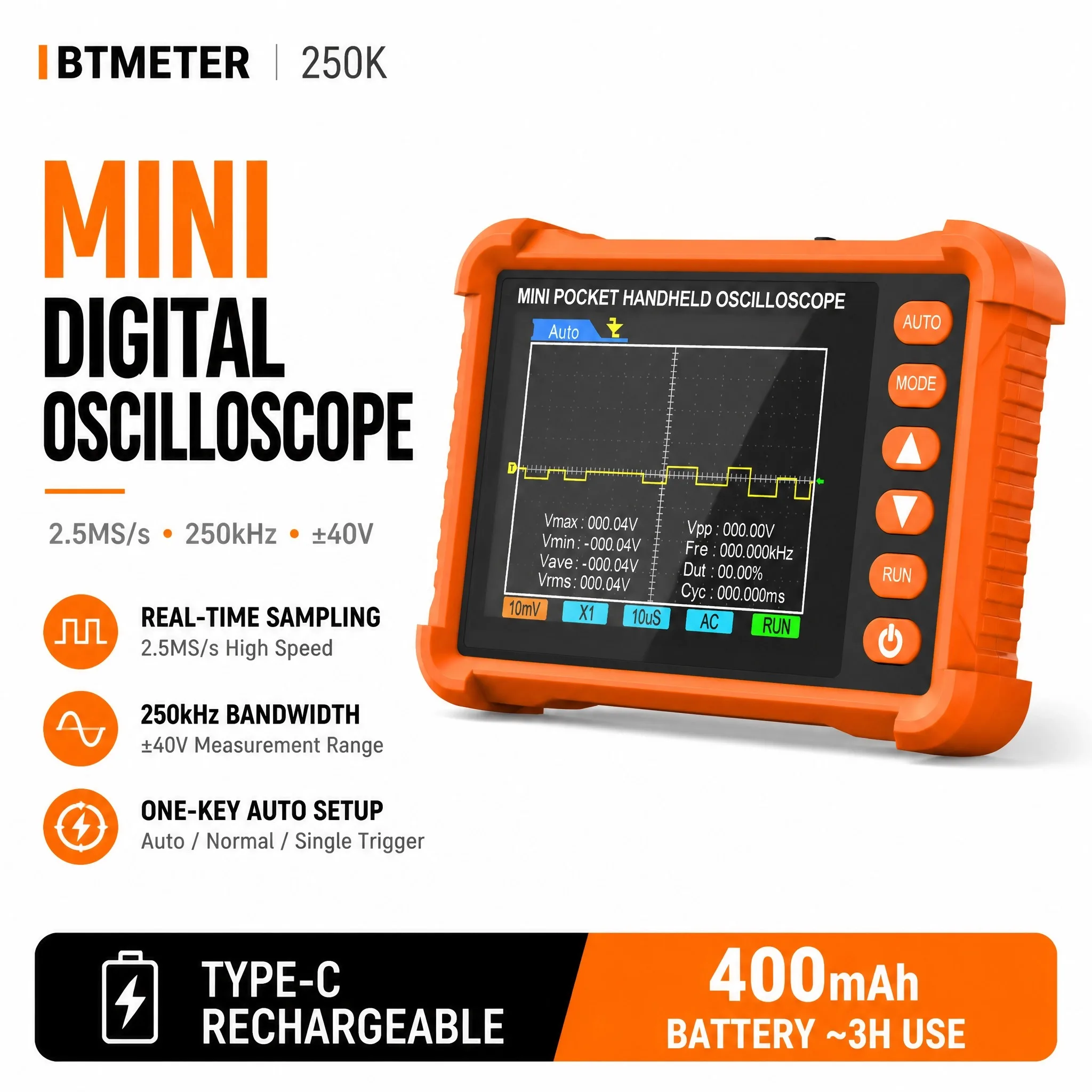 Mini Digital Handheld Oscilloscope 250KHz Bandwidth 2.5MS/s Sampling Rate Type-C Rechargeable for Circuit Repair Lab Teaching
