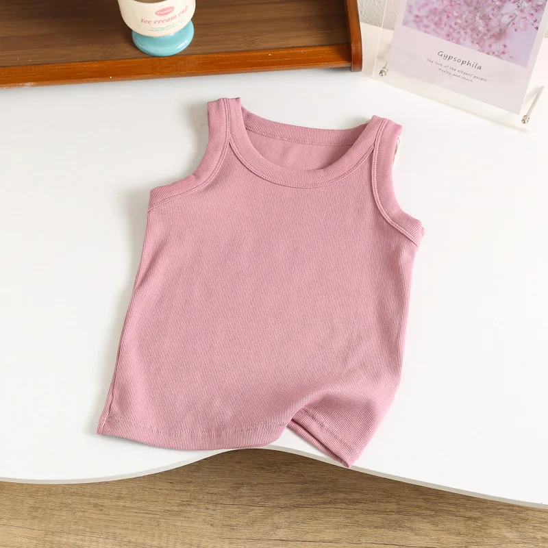 Kids Ribbed Lycra Vest, Candy Color, Boys & Girls Basic Cotton Tank Top, Crew Neck Sleeveless I-Shaped Sports Vest 110-160cm