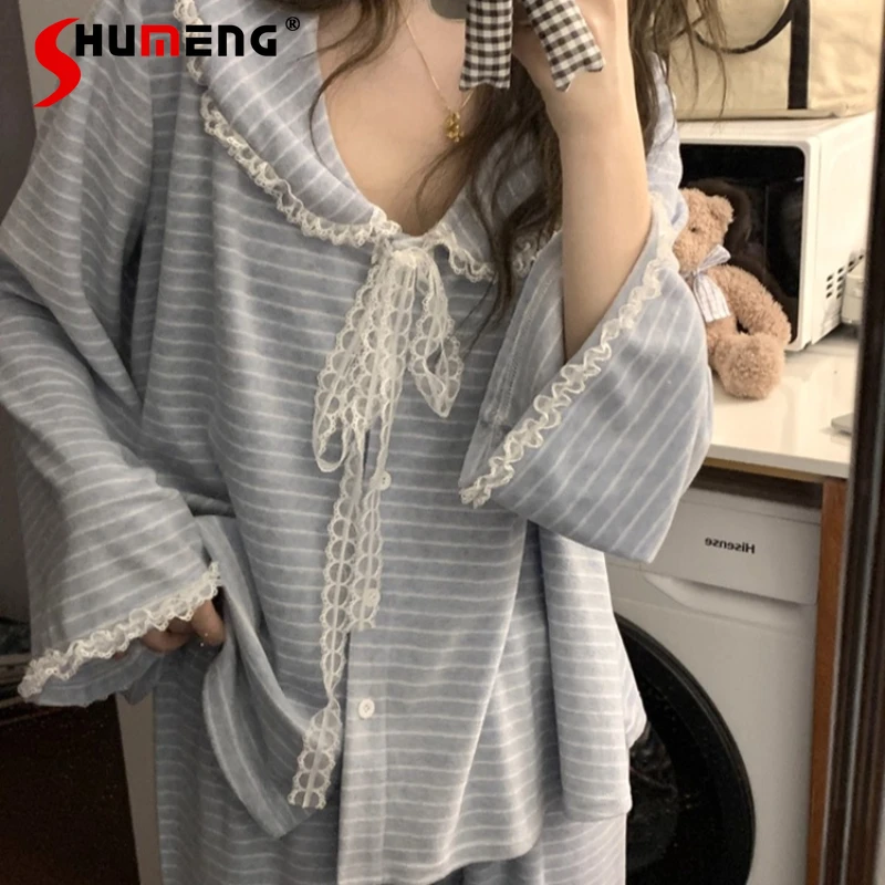 سميكة الأزرق مخطط منامة للنساء الخريف الشتاء جديد الدافئة الصوف النوم الدعاوى الإناث الراقية الصوف Homewear مجموعة