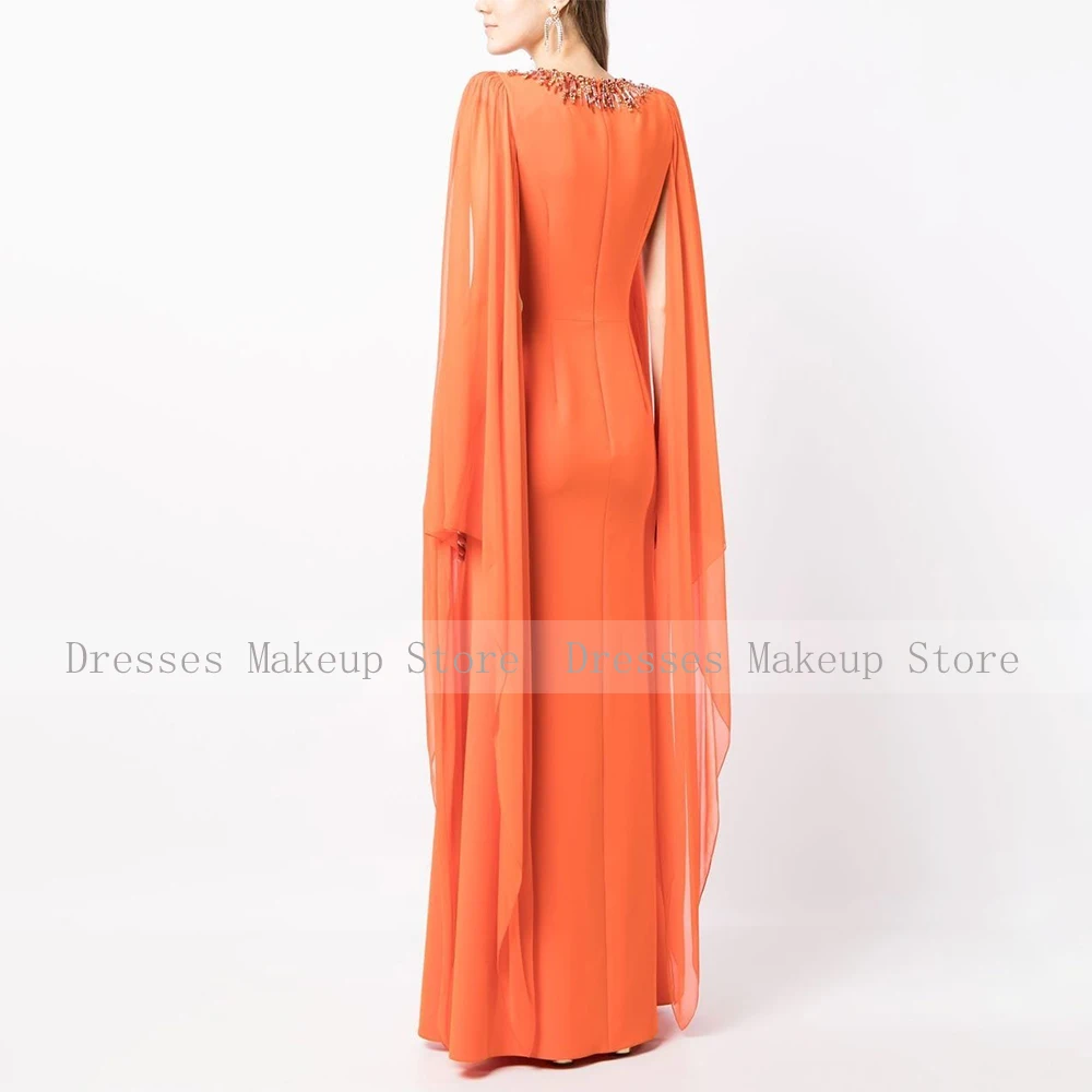 Orange Evening Dress for Women Cloak Sleeves Crystal O Neck Evening Gowns Long 2024 Trumpet/Mermaid Elegant Wedding Guest Dress