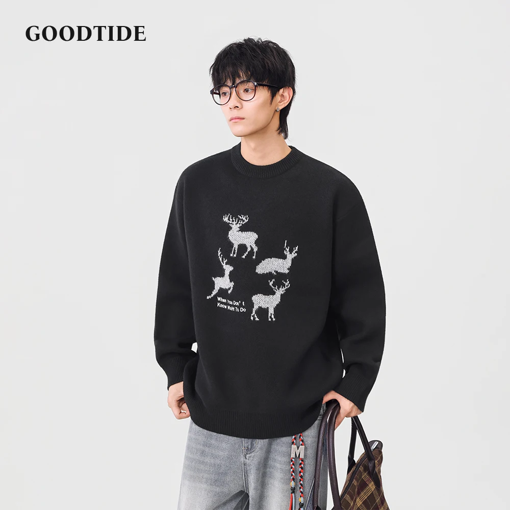 Fashion Men's Casual Crew Neck Sweater 2025 Winter Deer Pattern Letter Print Knitted Pullover Comfortable Soft Long Sleeve Top