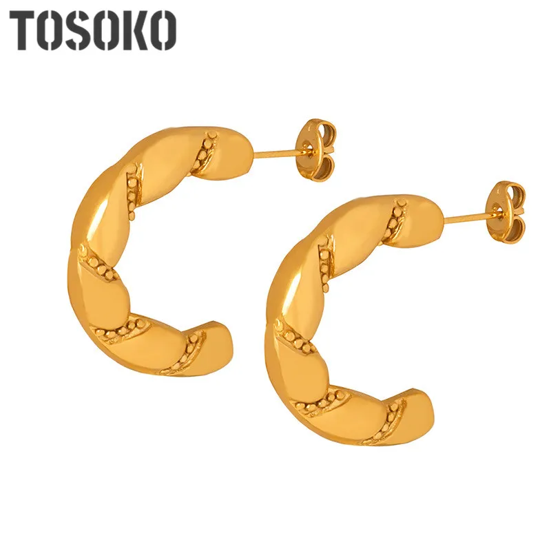 

TOSOKO Stainless Steel Jewelry Twisted Ring Fried Dough Twists Chain Earrings Women's Fashion Earrings BSF861