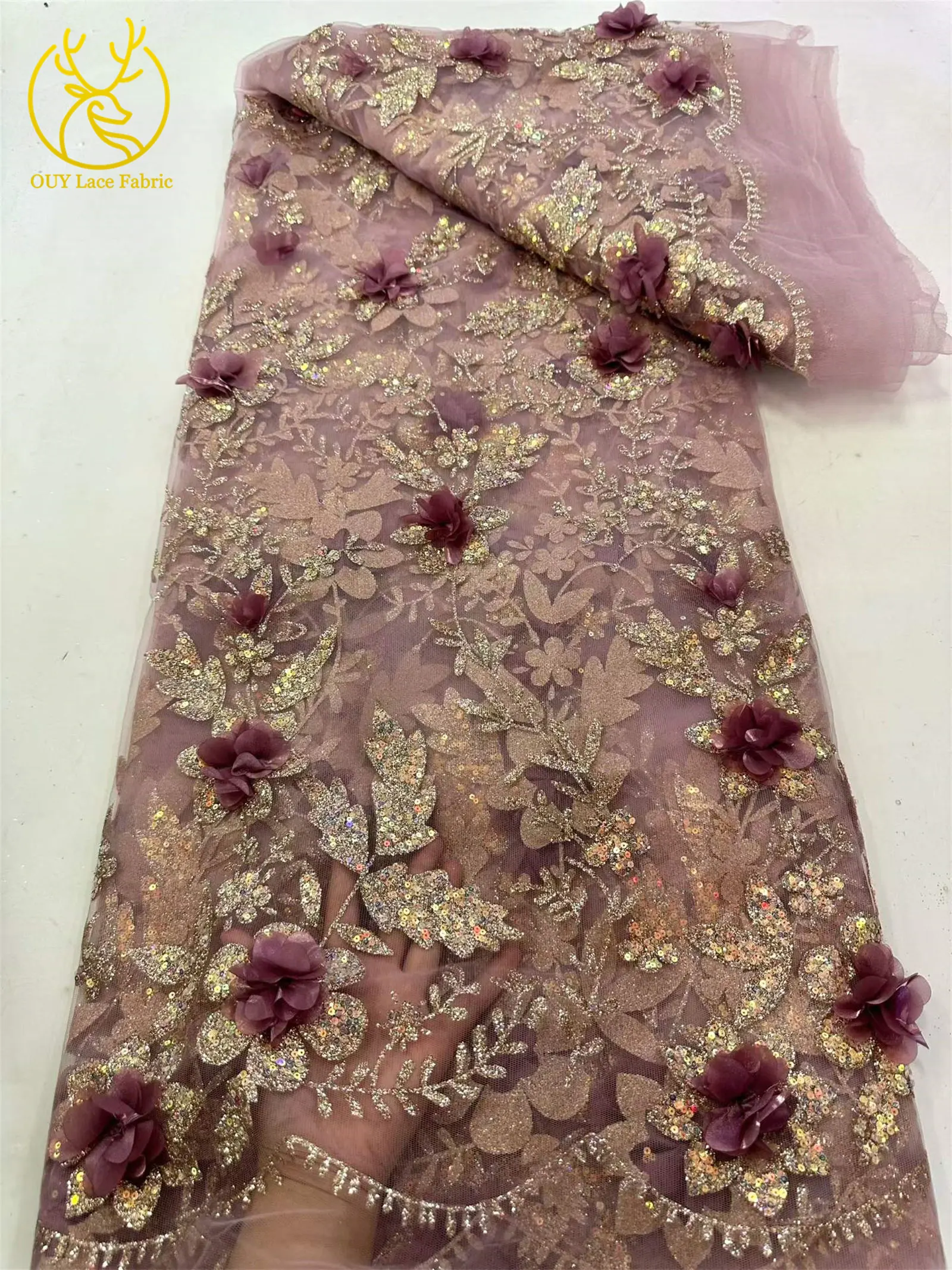 3D-Blumen Afrikanischer Spitzenstoff Roter Nigerianischer Pailletten-Spitzenstoff 2026 Hochwertiger Französischer Tüll-Spitzenstoff für Hochzeitskleider – Detail 12