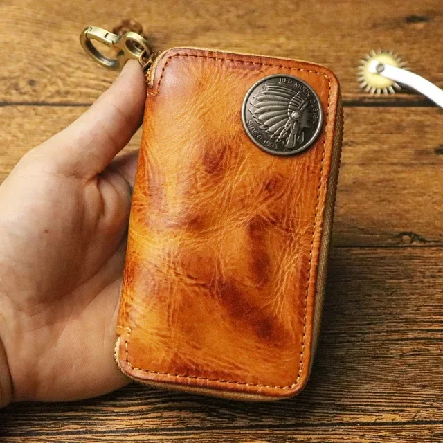 Luksusowy wysokiej jakości oryginalny skórzany męski uchwyt na klucze Organizer Etui Portfel Retro Gospodyni Etui na klucze Męska torba na klucze z zamkiem błyskawicznym w talii