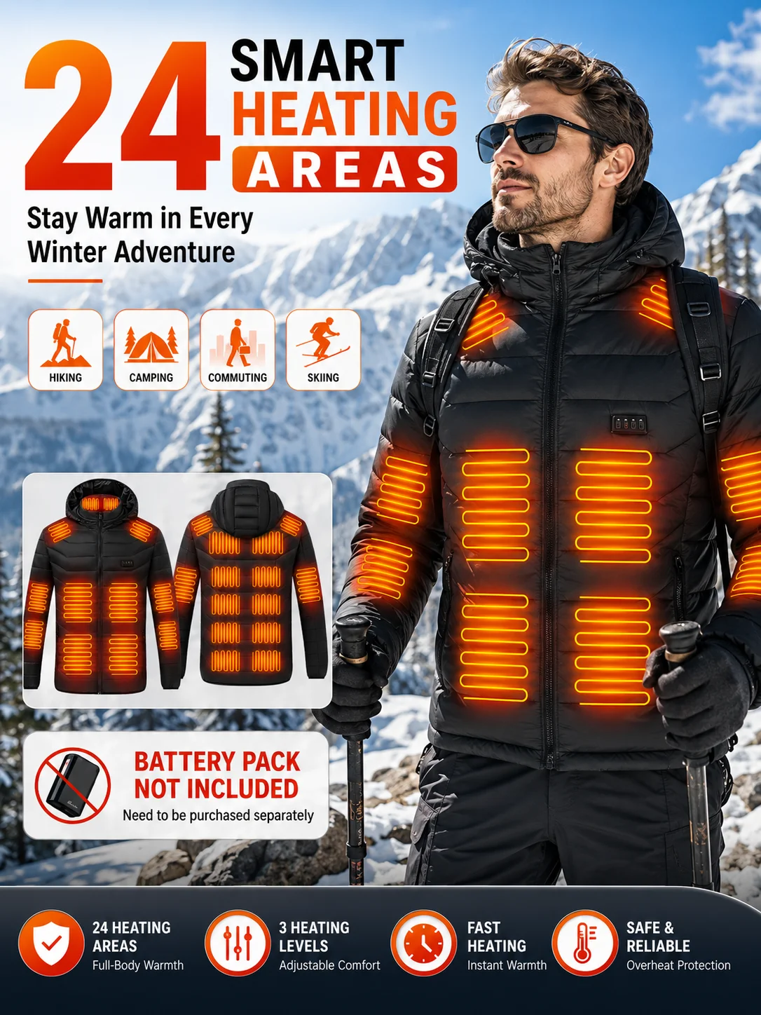Men'S Heated Jacket with 3 Heat Settings, 24 Heating Zones, Hooded Winter Coat for Casual Outdoor Wear - Black, Polyester, Long Sleeve, Zip-Up, Four Control Buttons, Warmth for Autumn and Winter, Heated Jacket view 2