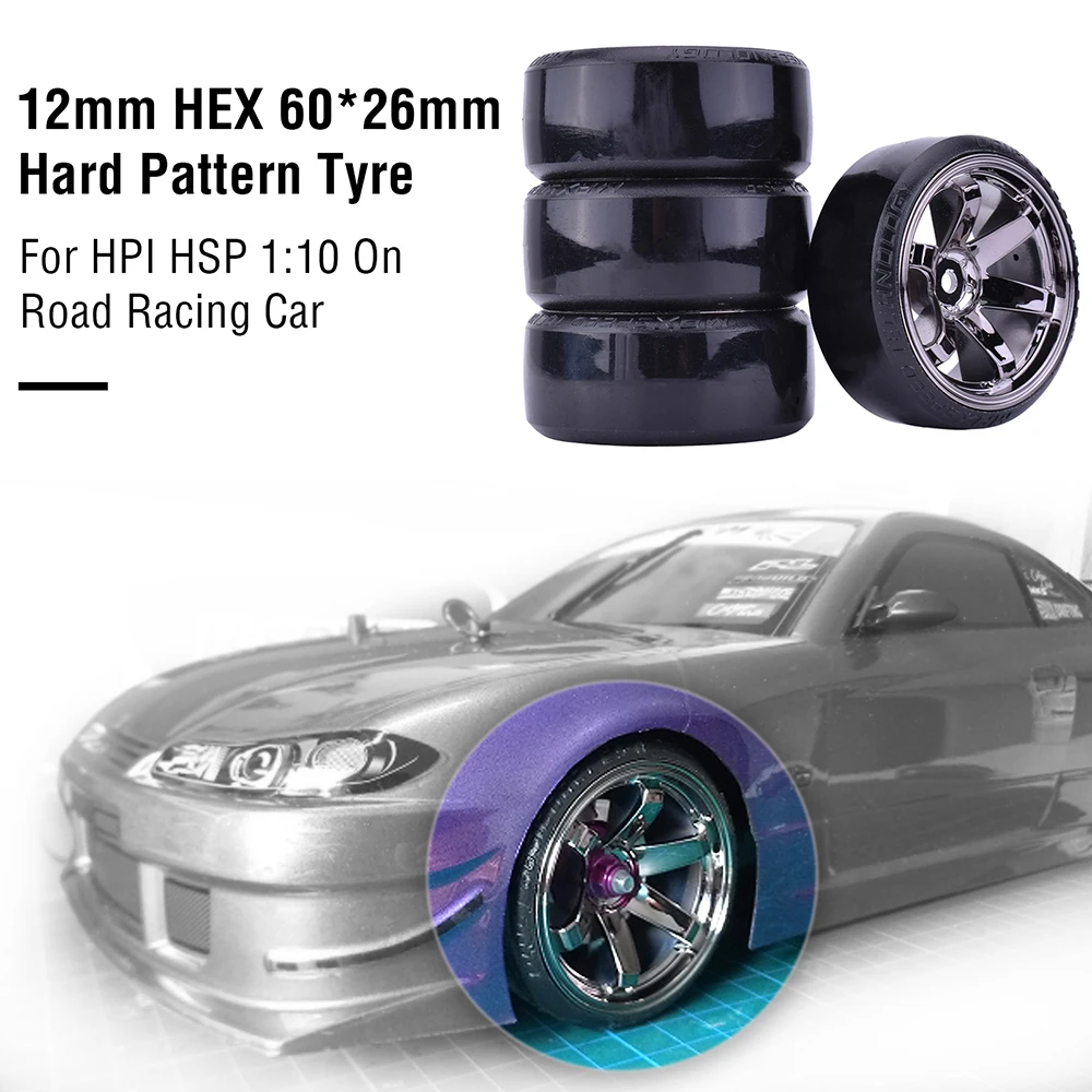 4PCS Hard Pattern Tyre Drift Tires Wheels 12mm Hex for HPI HSP 1:10 RC On Road Racing Car