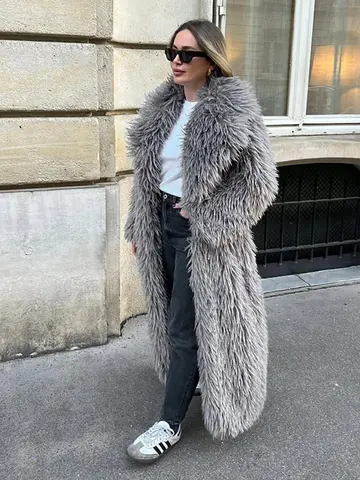 DEAT mode gris Long Imitation fourrure manteau femmes revers ample manches longues en peluche épais pardessus hiver nouveau 7A1438