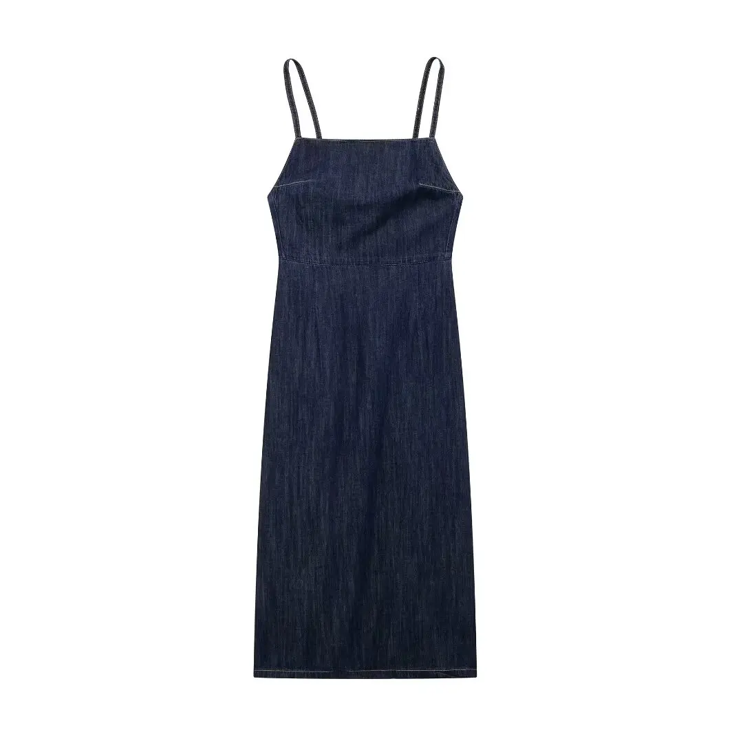 Women's 2024 New Chic and Stylish Denim Long Suspender Dress Retro Backless Thin Shoulder Strap Women's Dress Mujer