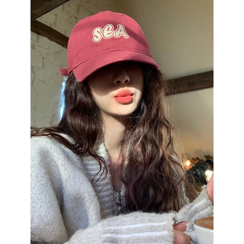 Women's Big Hat2023New Wine Red Letters Spring and Autumn Baseball Cap Female Cover Face Deep Top-Poof Peaked Cap