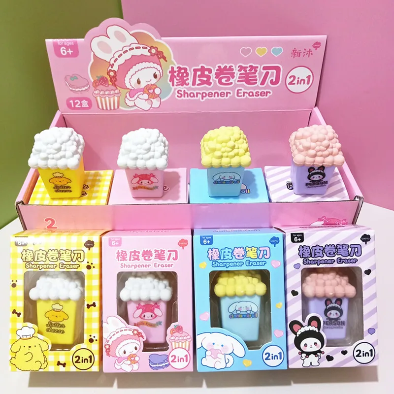 

12pcs New Sanrio Cartoon Cinnamoroll My Melody Two-in-one Rubber Pencil Sharpener Student Dual-use Portable Stationery Wholesale