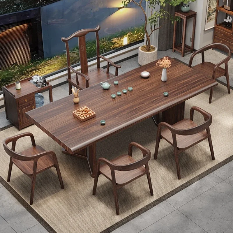 New Chinese ebony large board solid wood tea table and chair combination one table and five chairs office household