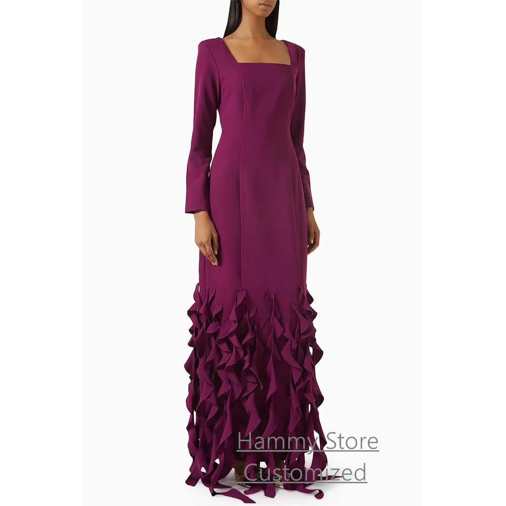 

Tassel Evening Dress Customized Square Neck Long Sleeves Floor Length Back Slit Formal Occasion Dresses Arab Prom Gowns