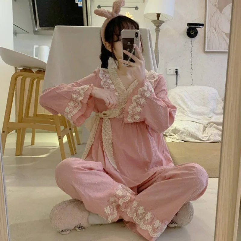 Japanese Kimono Pajamas Women\'s Spring Autumn Loungewear Suit Lace V-neck Sweet Princess Outerwear Home Clothing 2-piece Set