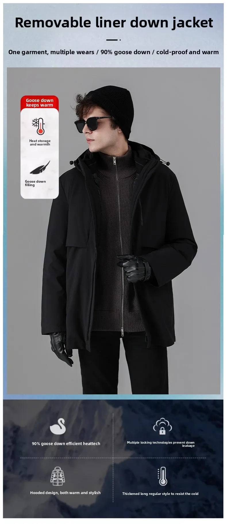 Men's Down Coats and Parkas Mid-length Winter Jackets Padded Puffer Jacket Man Down Jacket Thick Detachable Inner Padding HWY103