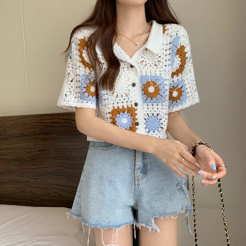 OUMEA Women Knitted Crochet Blouse Color Block Buttons Front Contrast Color Casual Tops Short Sleeve Openwork Chic Beach Tops