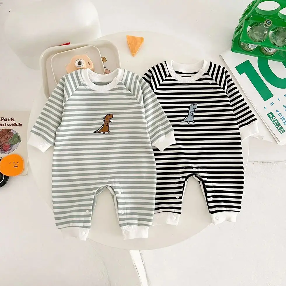 Baby Cute Dinosaur Rompers Infant Boys Striped Embroidery Jumpsuit 0-2T Toddler Long Sleeved Outwear Clothes