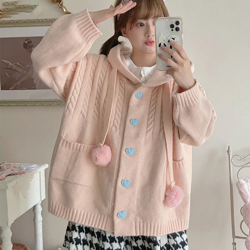 Japanese Cute Lolita Knitted Cardigan Women Harajuku Kawaii Pink Hooded Long Sweater Coat Girls Sweet Loose Pocket Knitwear Tops