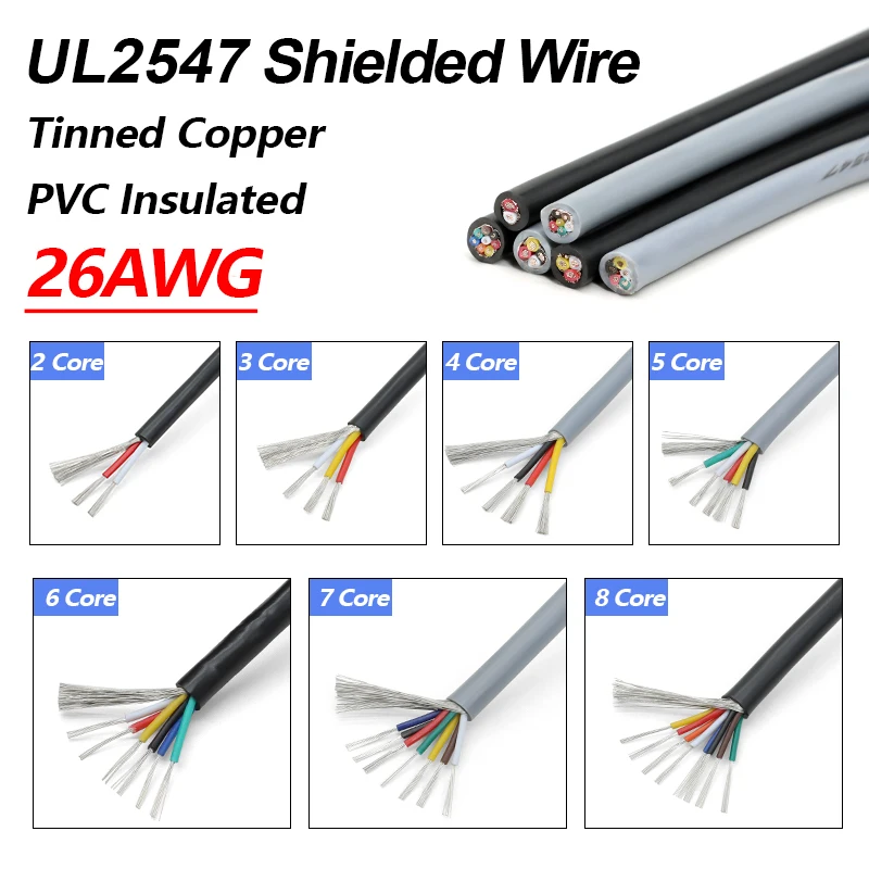 1/3/5/10/20m 26AWG UL2547 Shielded Wire Black Grey Signal Cable Channel Audio 2 3 4 5 6 7 8 Cores PVC Tinned Copper Control Wire