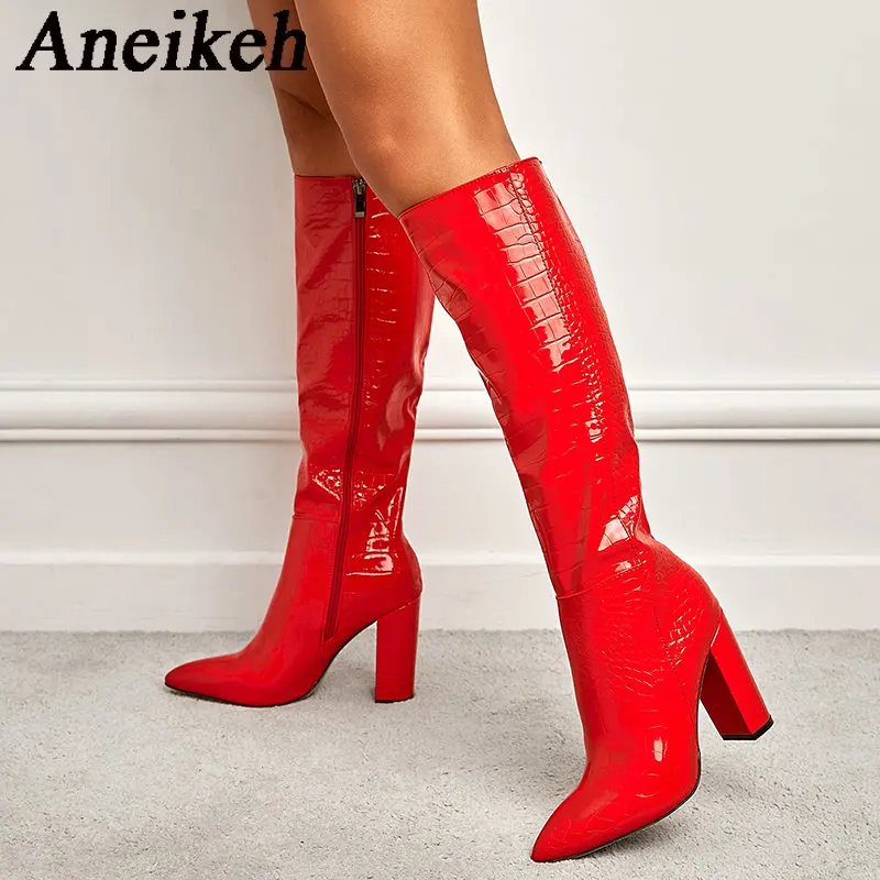 Aneikeh Fashion Sexy Women Pointed Thick Heels Knee Long Boots 2024 Spring/Autumn PU Crocodile Pattern Panel Side Zipper Boots