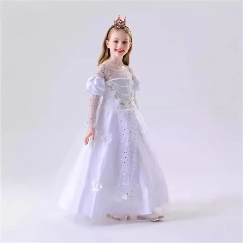 

White Snow Princess Dress Little Girl White Lace Gauze Princess Pompadour Dress Queen Costume with Sequins