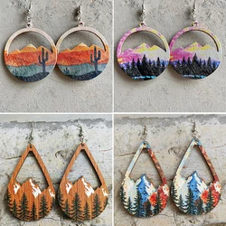 Vintage Art Painting Forest Earrings Color Hollow Bohemian Snow Mountains Landscape Painting Wood Impression Earrings Wholesale