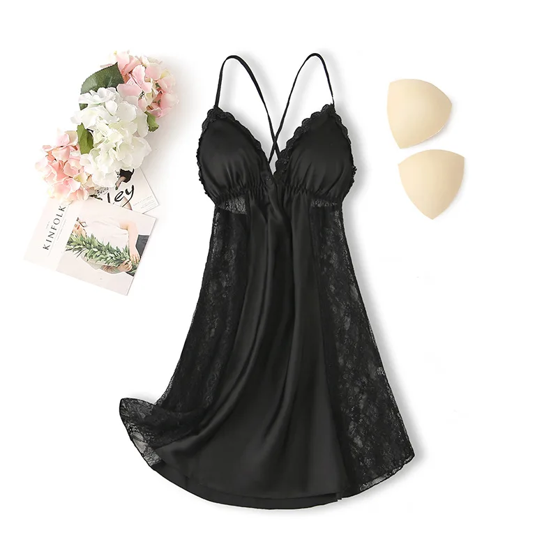 

Sexy Black Suspender Nightgown Womens Satin Sleep Dress Summer Lace Nightdress Robe Chemise Sleepwear Dressing Gown Loungewear