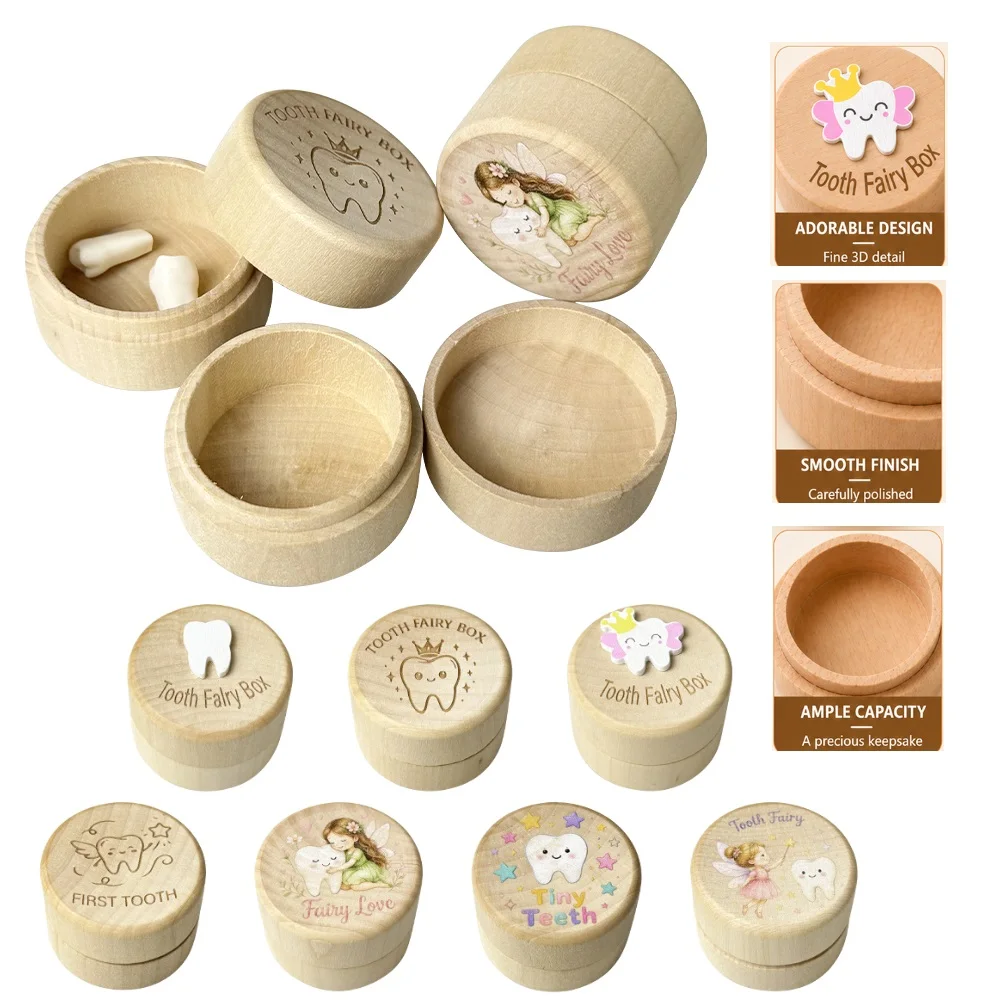 2pcs Baby Tooth Box Round Wooden Milk Teeth Organizer Tooth Fairy Holder Birthday Save Gift Kids Lost Tooth Memory Storage Case