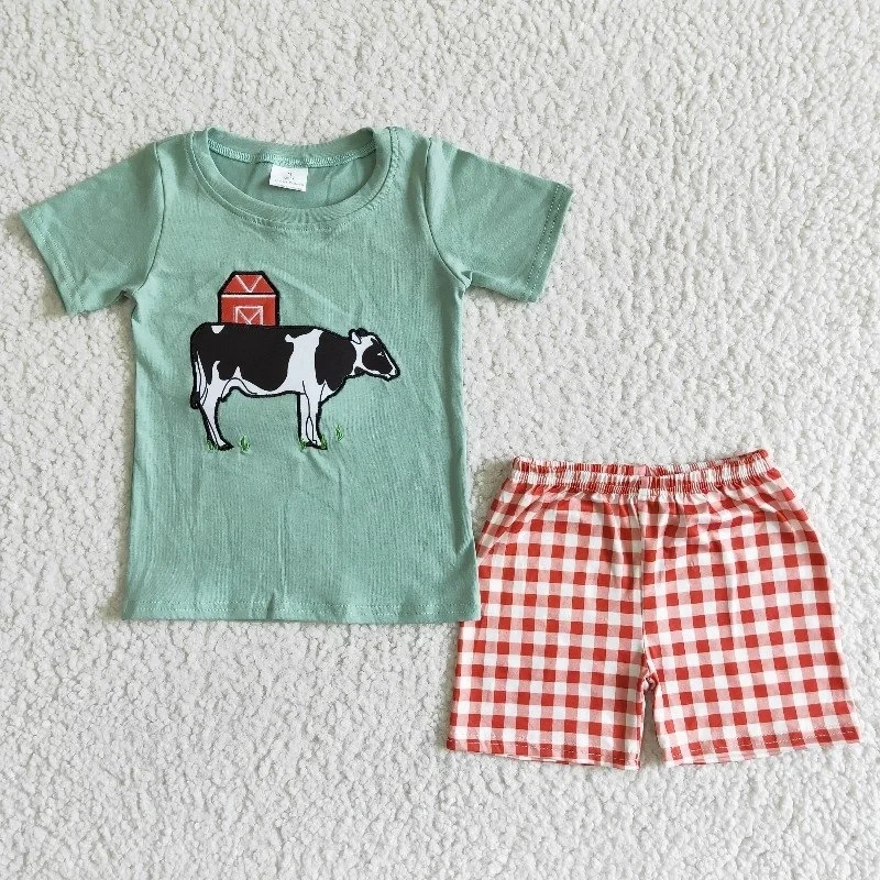 Baby Boy Summer Cow Farm Clothes Toddler Embroidery Green Shirt Top Children Red Plaid Shorts Kids Wholesale Infant Outfit Set