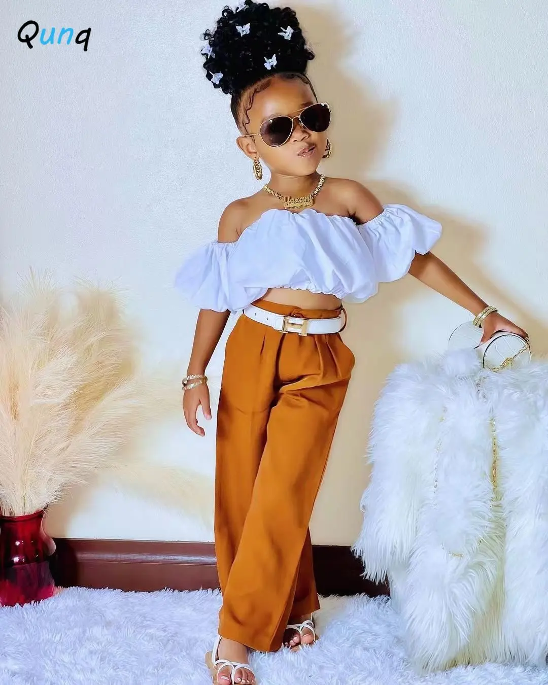 Qunq 2023 Summer Girls Off-The-Shoulder Pleated Bubble Sleeve Crop Top+Straight Pants 2 Pieces Set Casual Kids Clothes Age 3T-8T