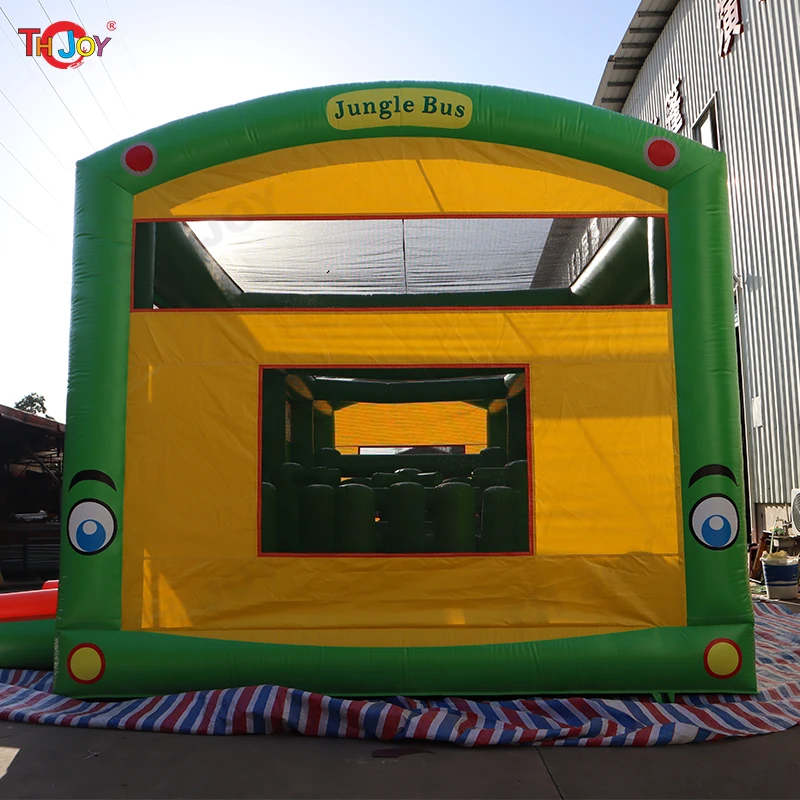 15x5m Safari Adventure Tours Bus Inflatable  Jungle Bus Obstacle Course School Bus Inflatable Bouncy Castle