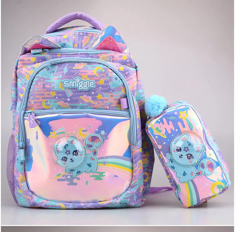 2024 Australian Smiggle Kawaii Blue Space Cat Student Backpack Crossbody Backpack Lunch Bag Pencil Box Card Bag Student Gift