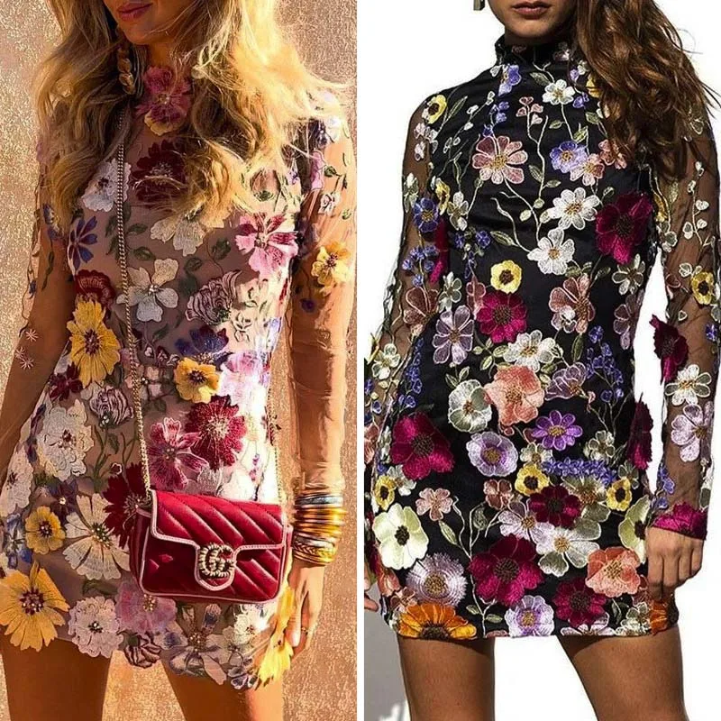

Womens Dresses Spring Fashion 3D Flower Mesh Lace Embroidery Casual Mock Neck Long Sleeve Slim Fit Daily Mini Dress