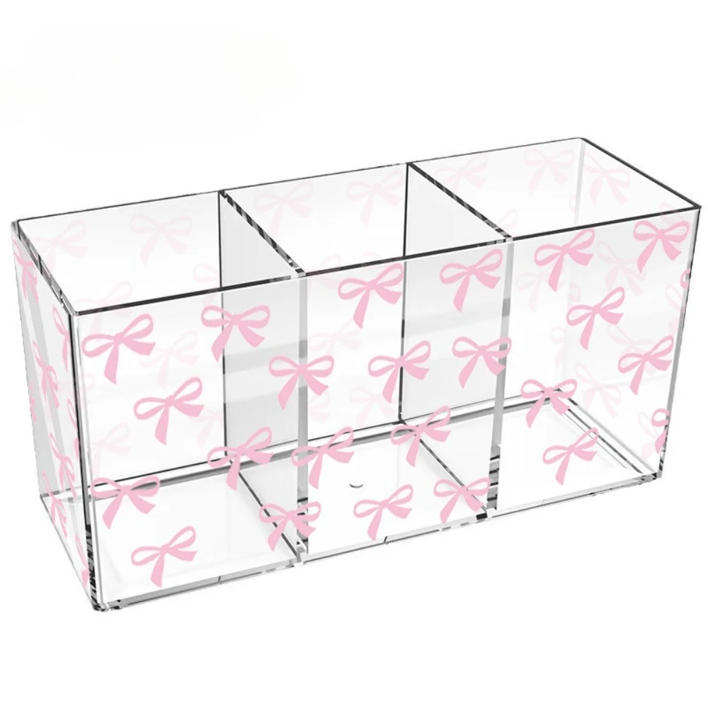 Boîte de rangement de bureau en acrylique rose avec nœud papillon, 3 compartiments, porte-pinceaux de maquillage, pour salle de bain, bureau, commode - Organisateur de parfums