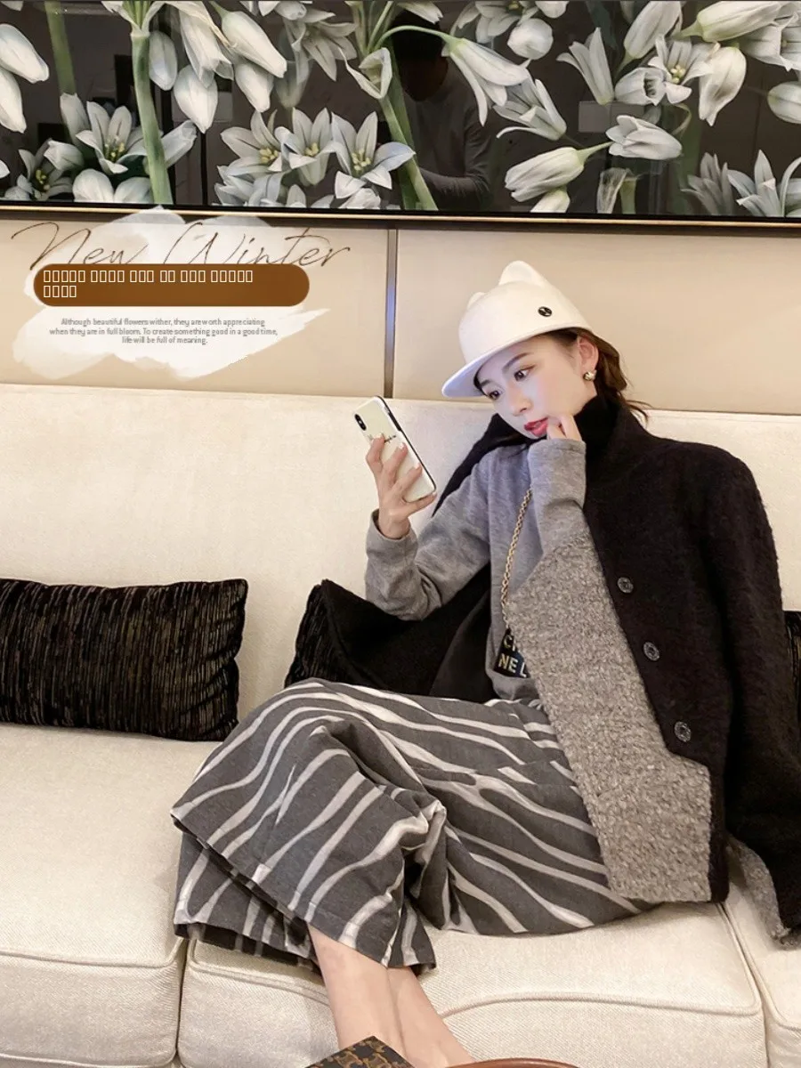 

Модные брюки с зебровым принтом из утолщенного хлопкового флиса, свободные, прямого кроя, с широкими штанинами, с высокой талией, укороченные (длиной 7/8)