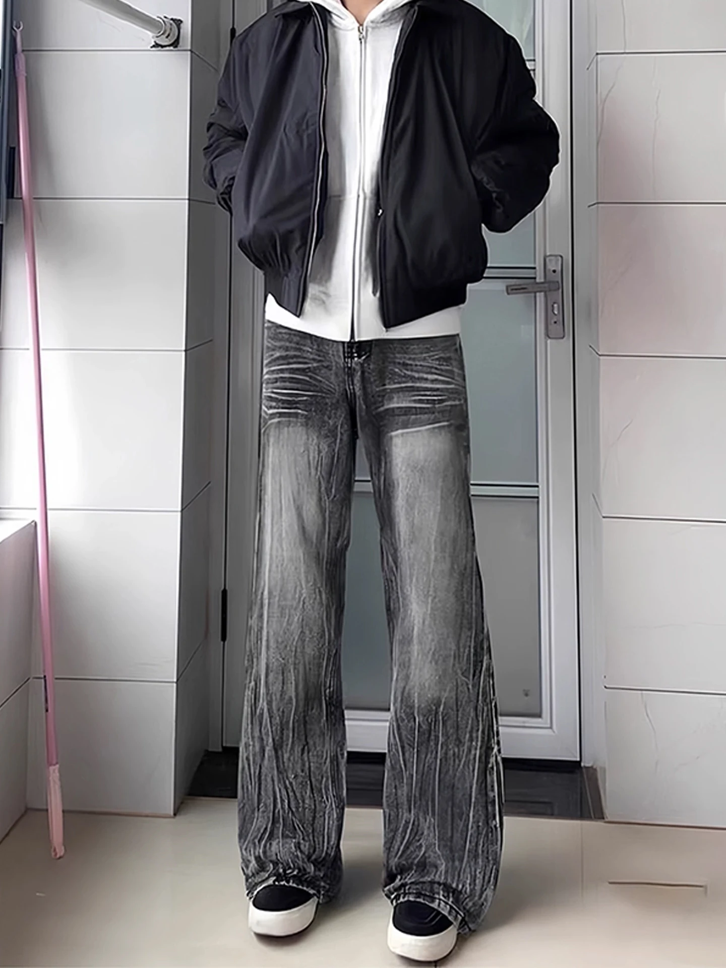 

Retro Bamboo Node Lightning Pattern Flared Jeans Men's Fleece Lined High Waist Extended Length American High Street Knife Pants