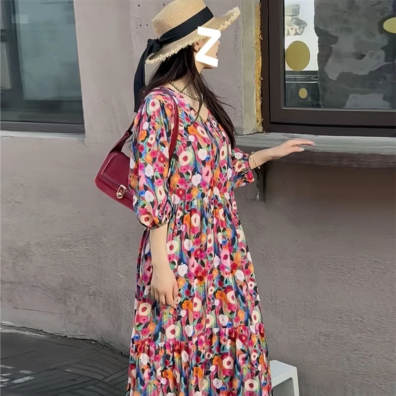 Vestido boho de algodão floral feminino verão solto ajuste casual estilo férias efeito fino elegante vestido maxi estampado