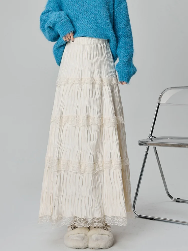 Gonna torta in velluto bianco Thi f-lunghezza Gonna longuette a trapezio in pizzo delicato autunno inverno da donna coreana a vita alta