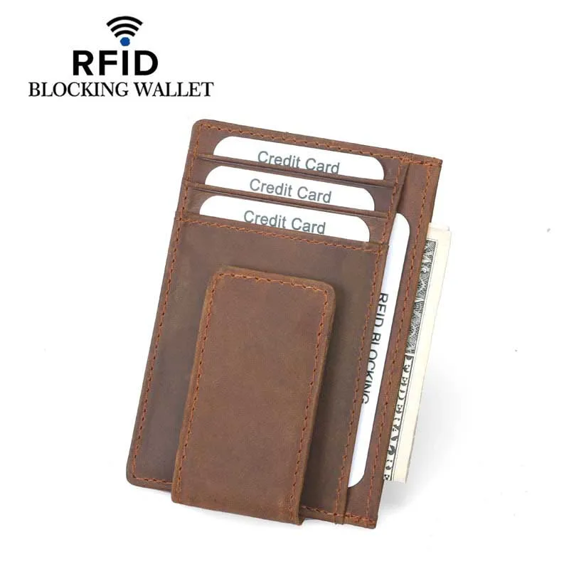Men Vintage Top Layer Crazy Horse Genuine Leather Card Holder Multi Card Slots RFID Blocking Magnetic Snap Cash Clip Card Wallet