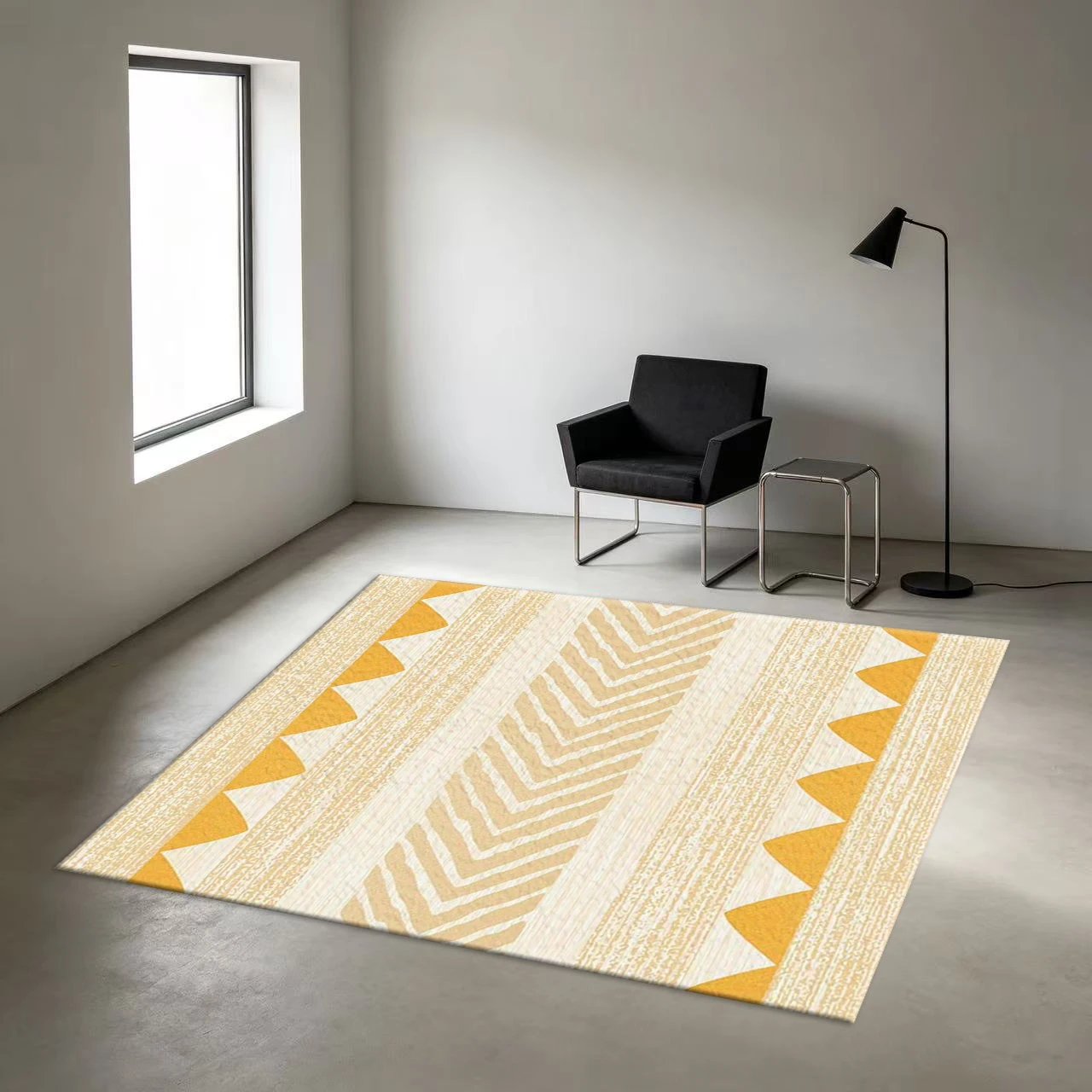 Bohemian Style Herringbone Striped Geometric Carpet, Vintage Yellow Beige Square Carpet, Non-Slip Decorative Rug Suitable for Bedroom and Living Room