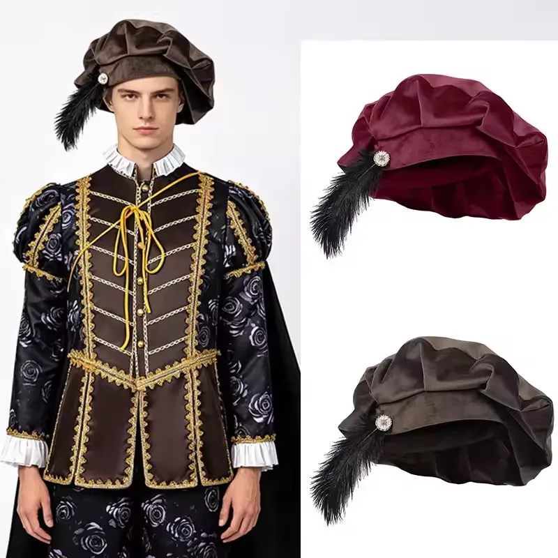 Renaissance Beret Slouchy Feather Decorated Beret Vintage Beret Velvet For Vintage Daily Wear Renaissance Themed Events Casual