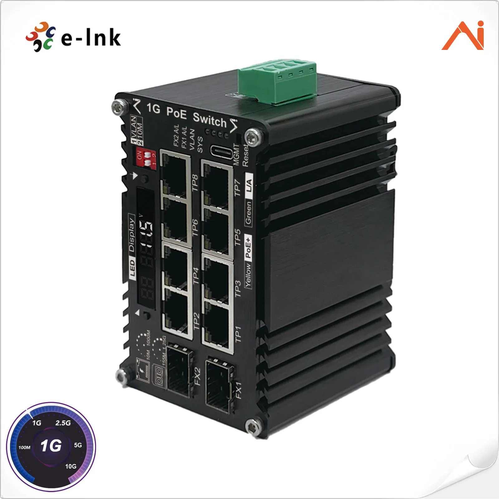 AI Smart Managed 8-Port PoE+ 30W Voltage Booster Industrial DIN Rail Switch
