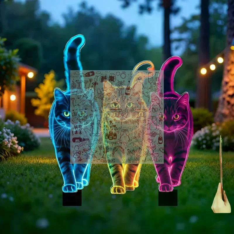 2D Flat Neon Color Cat Garden Stake Garden And Flowerbed Decor Animal Yard Decor, Lawn Ornaments Great Gift For Friends